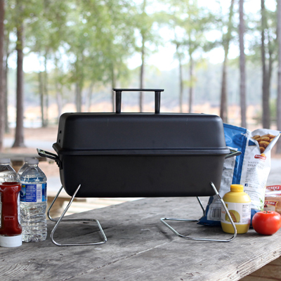 CHAR-BROIL® Gas Tabletop Grill - Perfect for your next camping trip or tailgating party, this tabletop, gas grill is made of quality steel construction with a durable finish.  Features an easy to clean porcelain-coated cooking grid, heat resistant handles, 190 sq. inch cooking surface and convenient lid hanging feature.  Filtered regulator will protect your tank valve from sand and other debris.  LP tank not included.